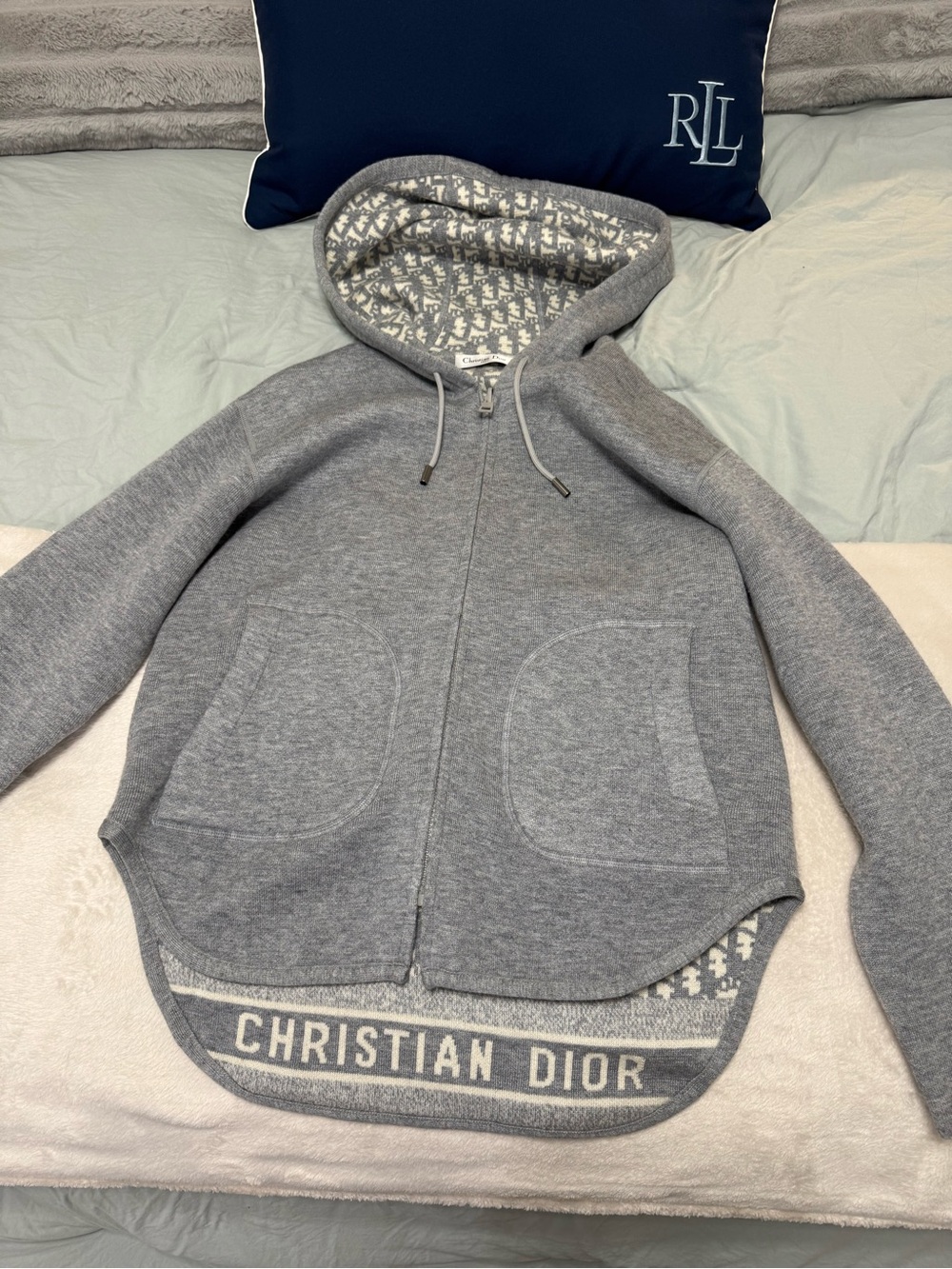 Dior Men’s Gray Zip-Up Hoodie with Christian Dior Hem